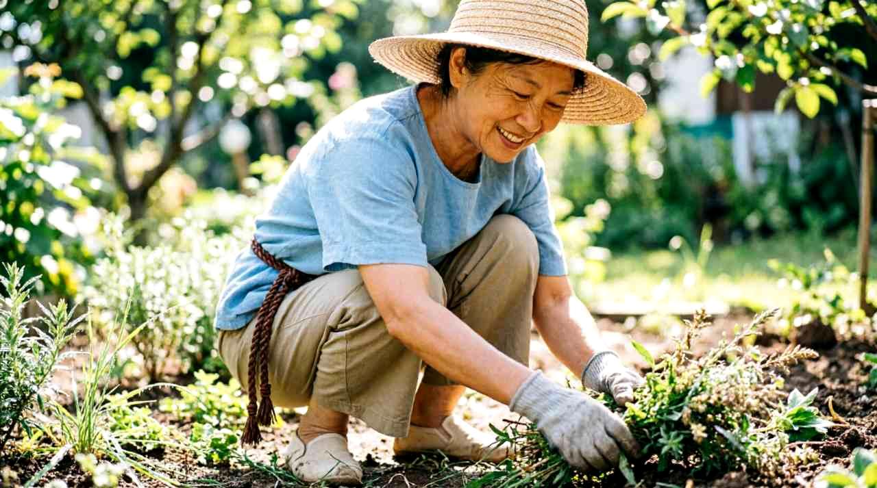 秋の冷気の中で根元から刈り取られる雑草