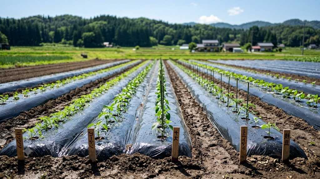 マルチを張った畝と有機肥料を混ぜた土壌でサヤエンドウの根域環境を整える作業風景