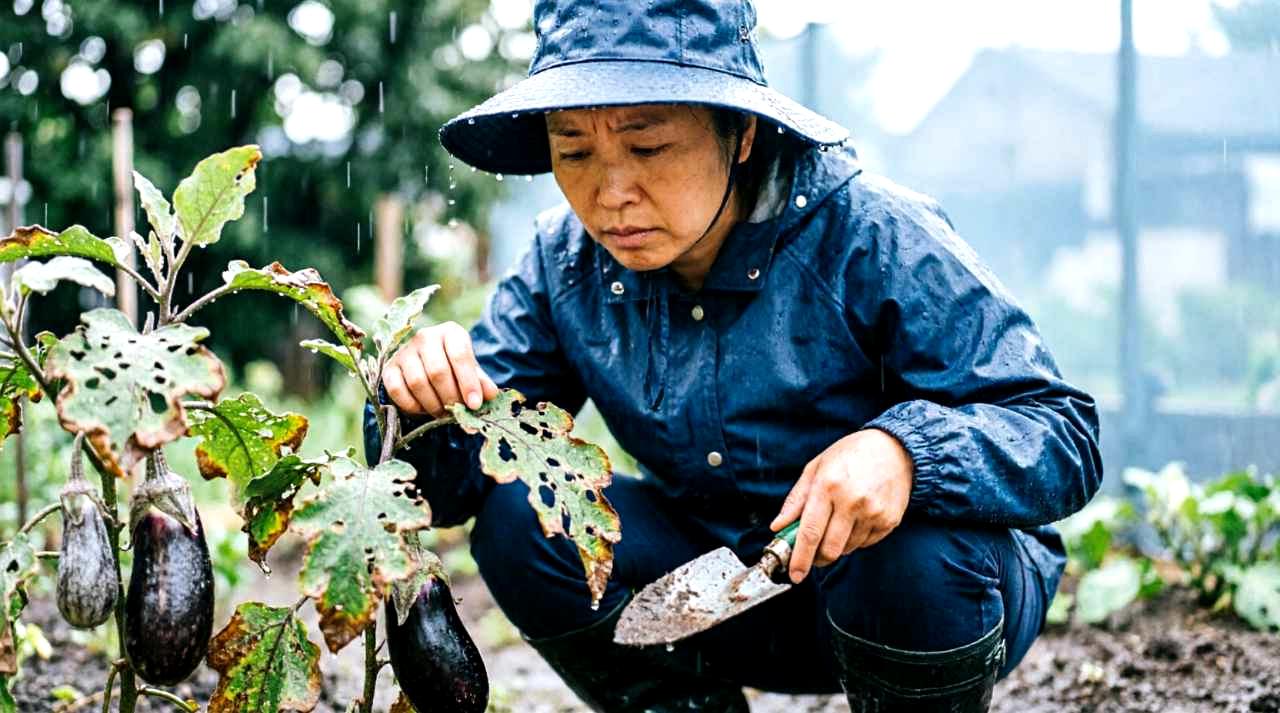 防虫ネットで覆われた野菜の苗と農具を置いた風景