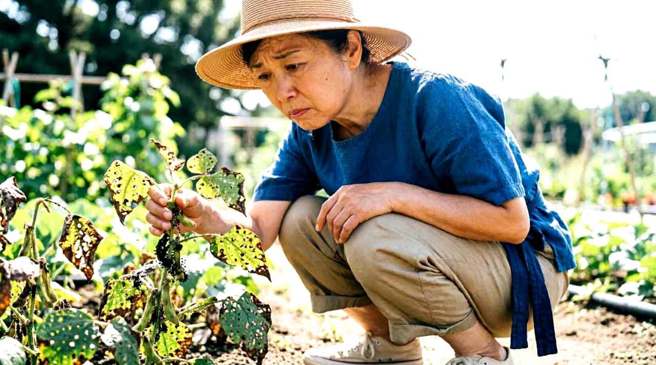 防虫ネットをめくり、葉の裏や成長点に害虫が付着していないか懐中電灯で照らして確認する画像