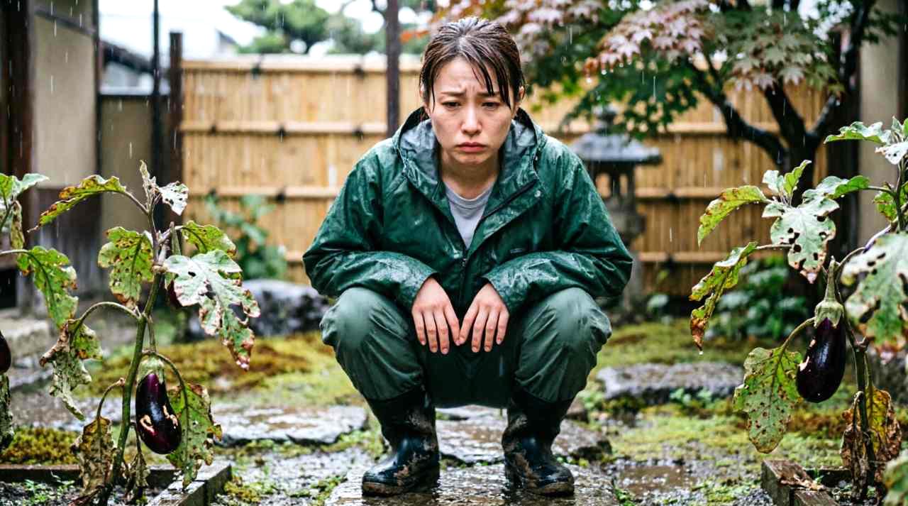 えんどう豆の葉につく害虫を確認している様子
