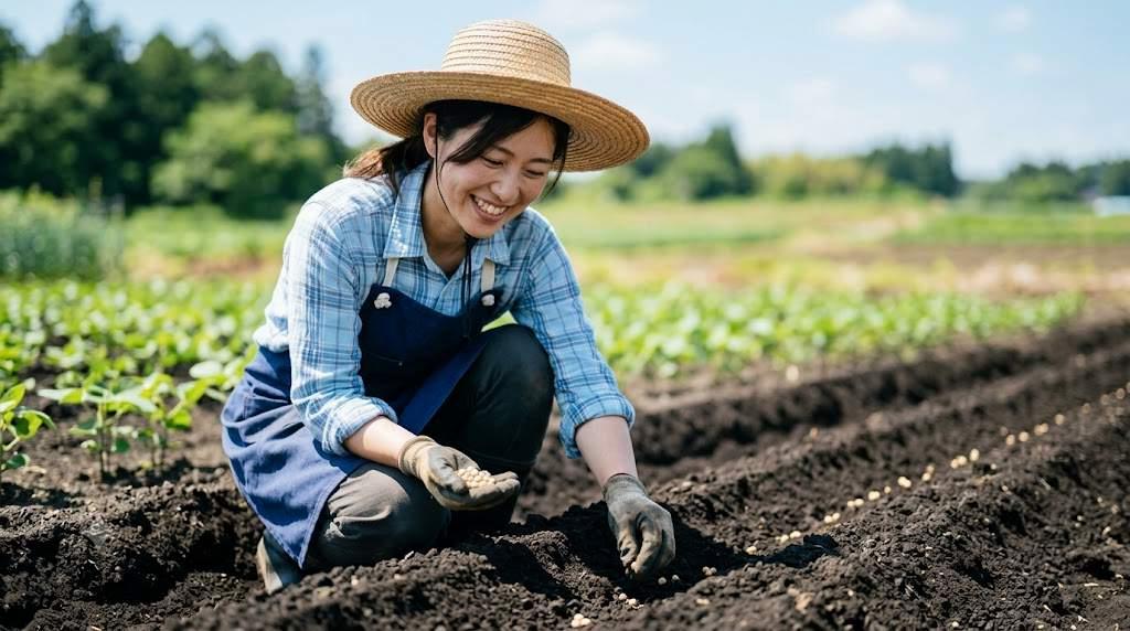 畑に植え付けられた冬越し前の絹さや