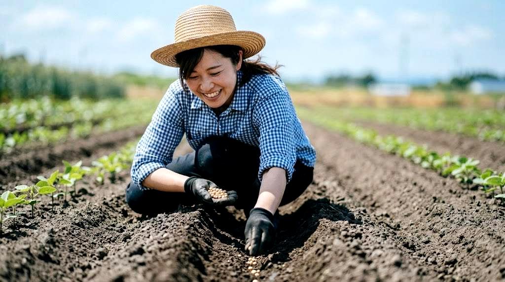 畑の畝へトウモロコシ苗を植え付ける定植作業