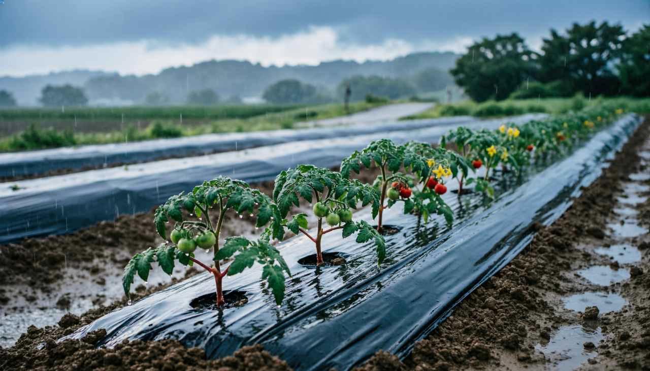 マルチシートを敷いたダイコン畝と、雨上がりの水たまりを避けた排水溝
