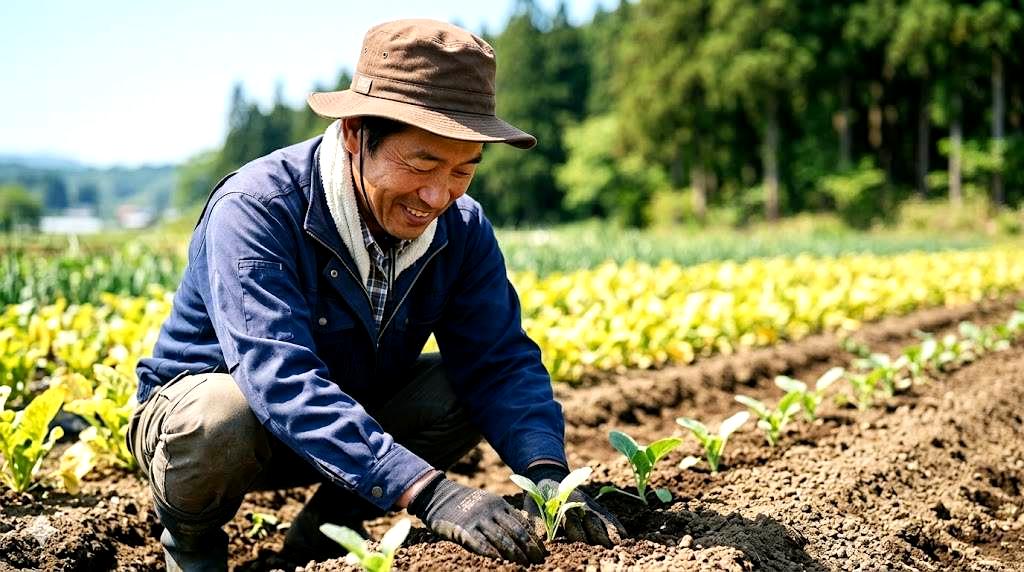 埼玉県の菜園で手に持ったラッカセイの種をまく様子