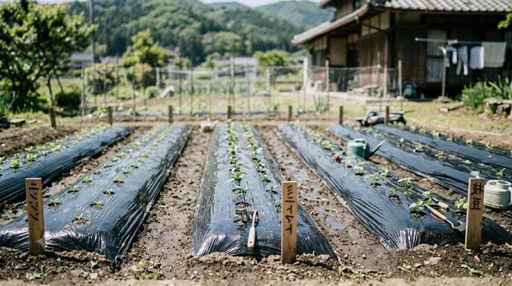 冬の畑に設置したトンネル資材と厳寒を乗り越えるサヤエンドウの越冬管理風景