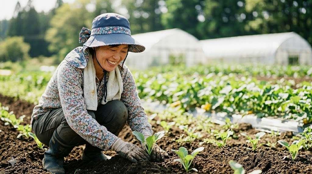畑の土を手でほぐしながら元肥の要否を見極めている様子