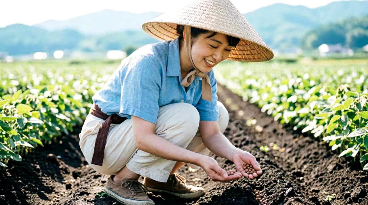 収穫後のアスパラガス畑で、夏茎を残して生育を観察する様子