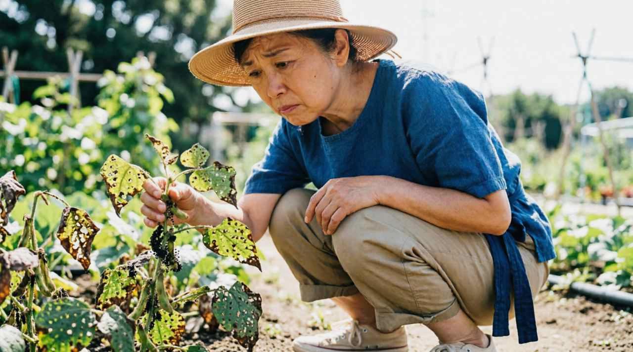 つるありインゲンの根元に開いたモグラの穴とトンネル被害の様子