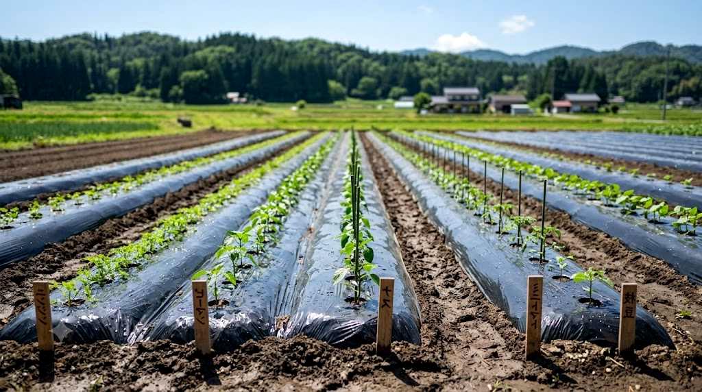 マルチで覆われた畝と水菜の株元の保温風景