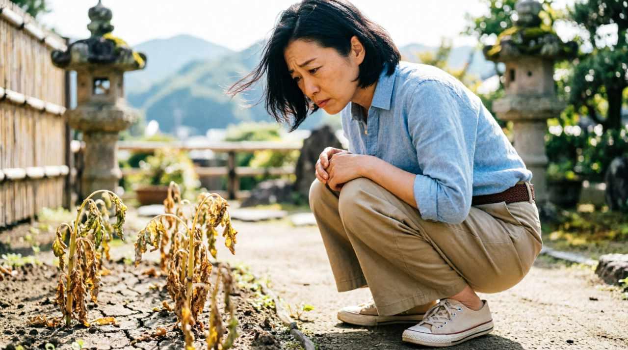 水菜の葉に残るハモグリバエの食害跡を確認する画像