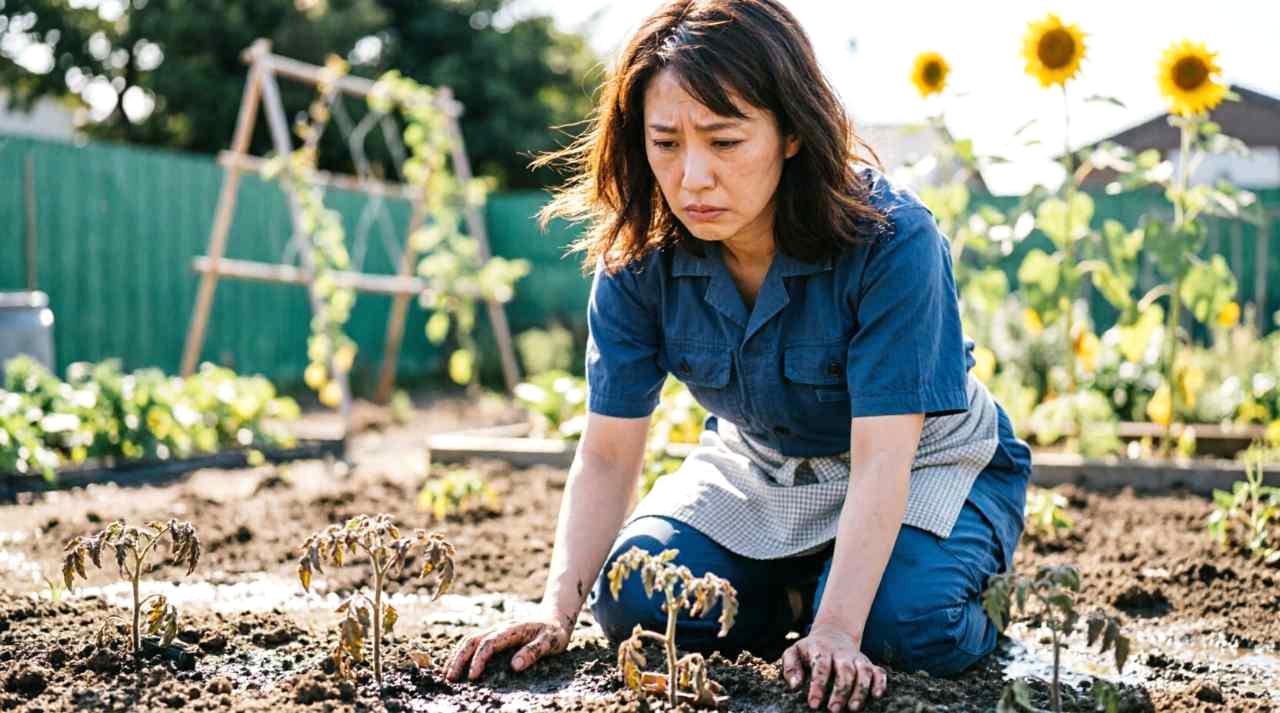 埼玉の家庭菜園で冬間近の白菜とキャベツの株元を確認する男性の後ろ姿