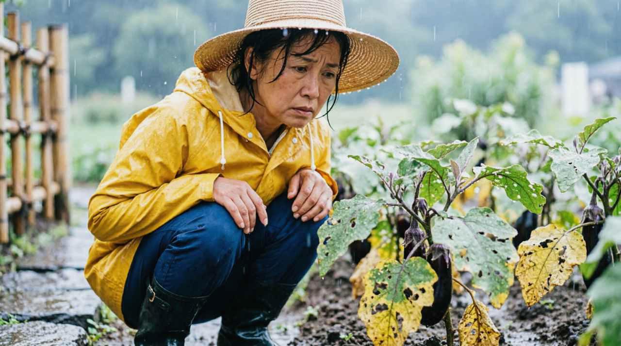 食害されたルッコラの葉と生長点を確認する手元の写真