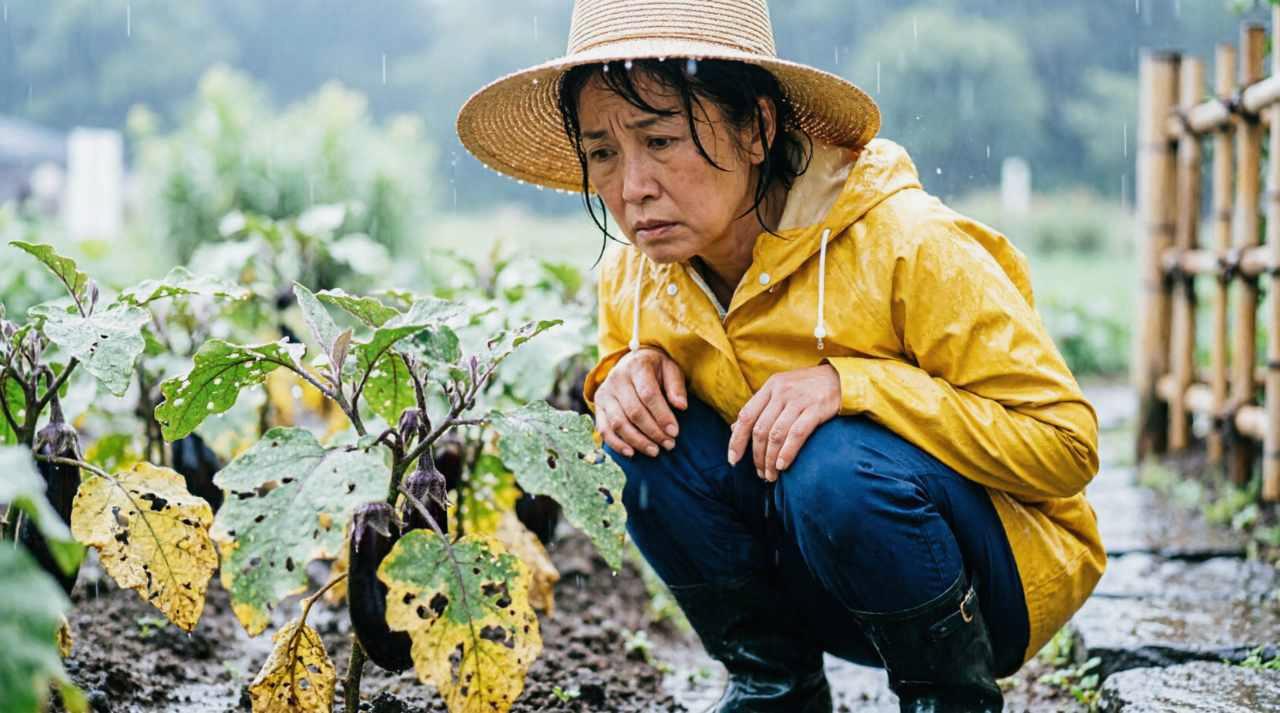 東京都内の家庭菜園で虫食い被害を受けた白菜の葉を観察する様子