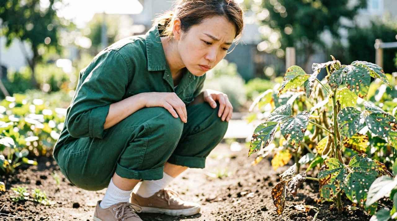 ソラマメの茎や葉が害虫に食い荒らされ収量が激減している様子