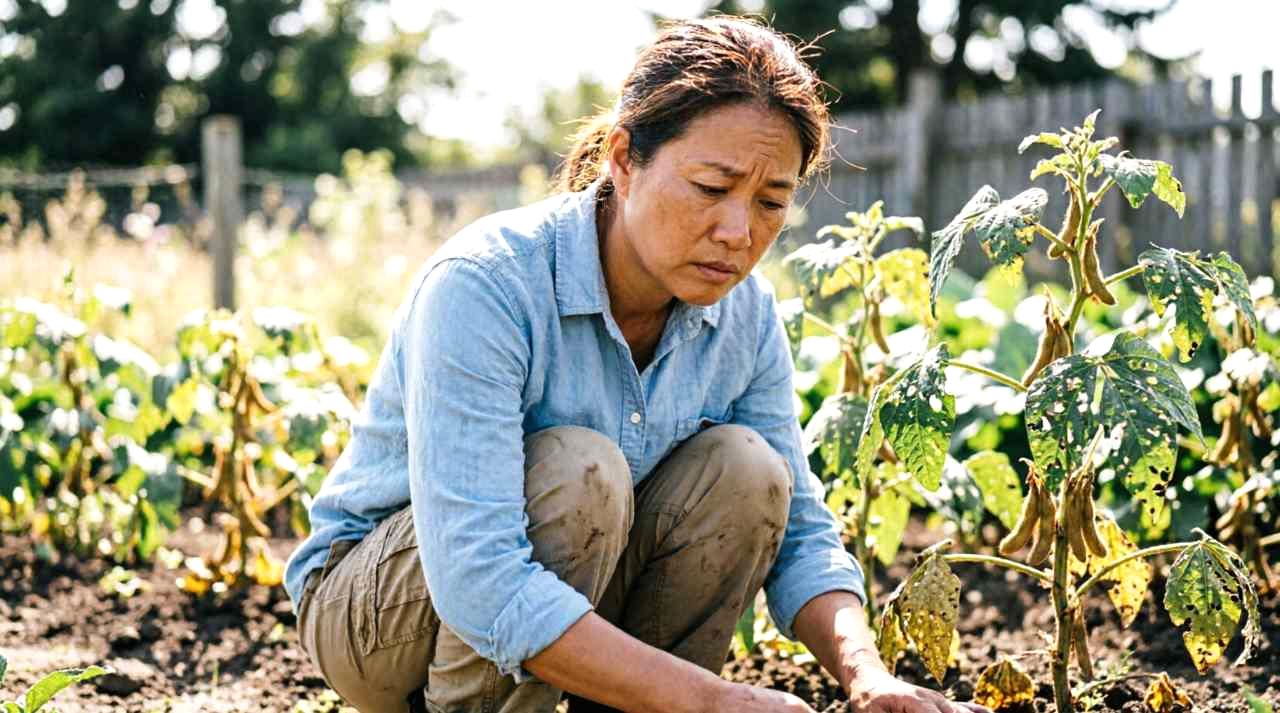 アブラムシなどの害虫被害で弱ったミニトマトの葉を確認する様子