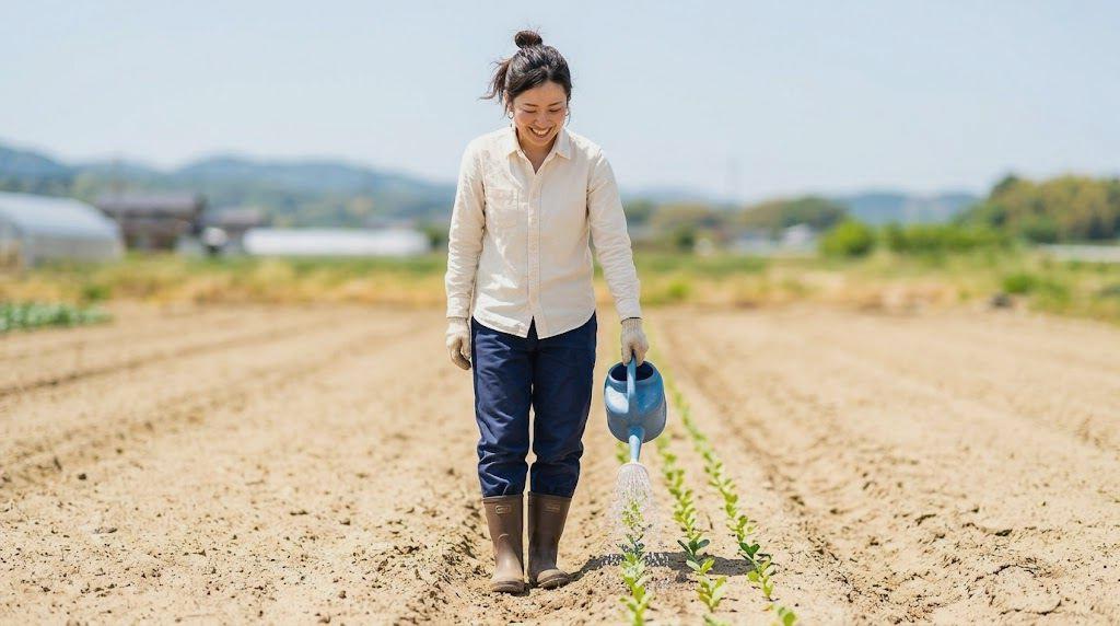 赤く熟したイチゴが実った植株と、直播きから育てた苗の軌跡