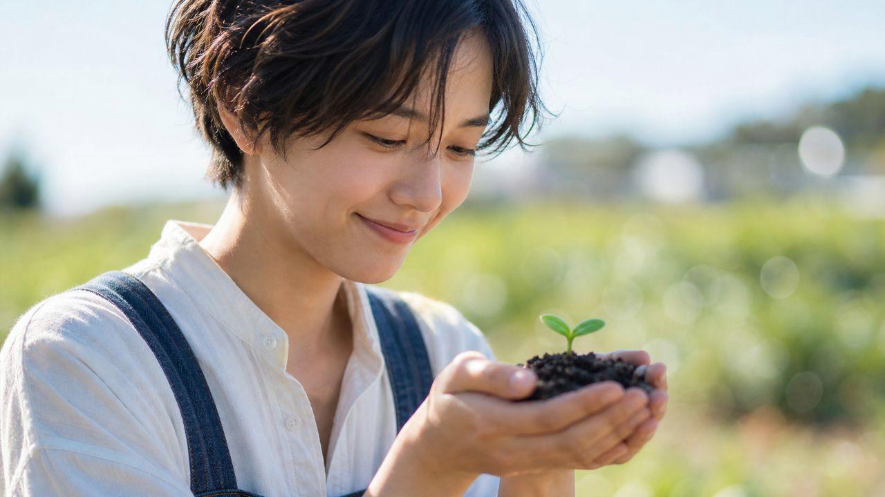 東北地方の畑で寒さ対策をしながら育てるオクラの様子
