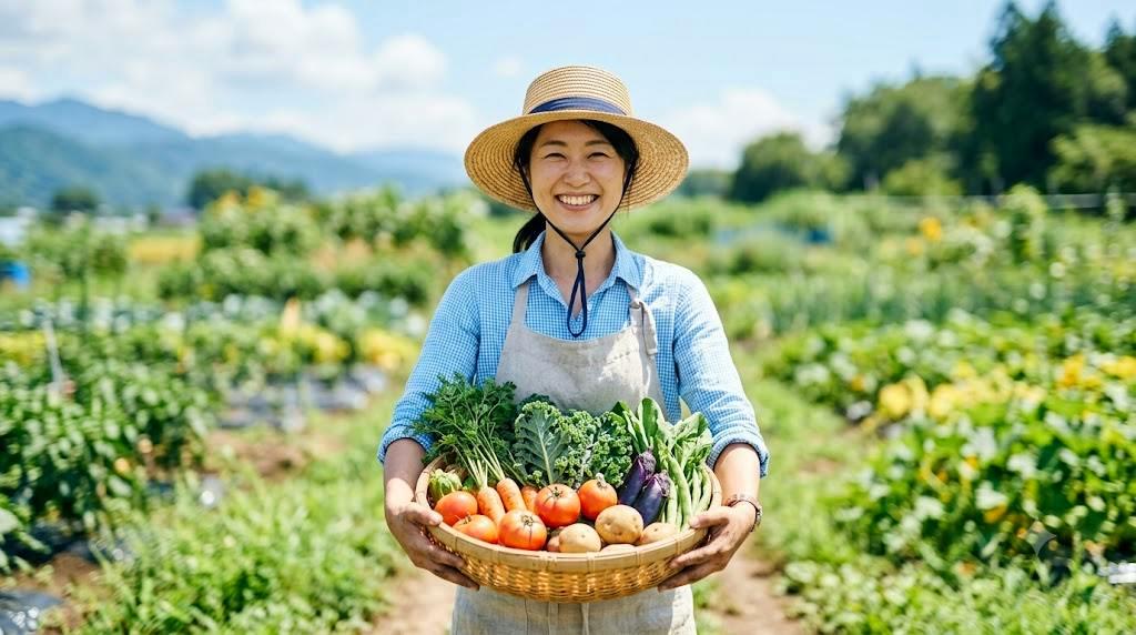 ネット袋に入って大きく育った日本カボチャの果実と収穫はさみ