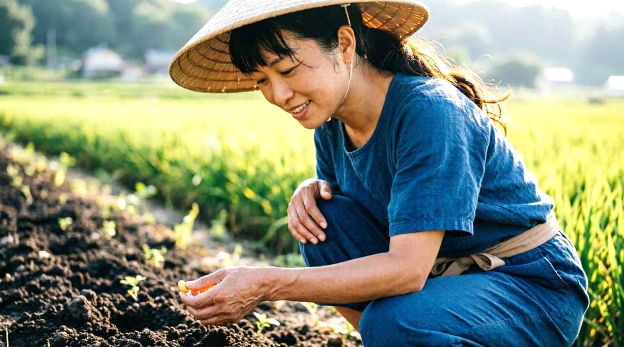 ポットから抜いたレタス苗の白く張った根鉢と、定植用の穴を開けた畝