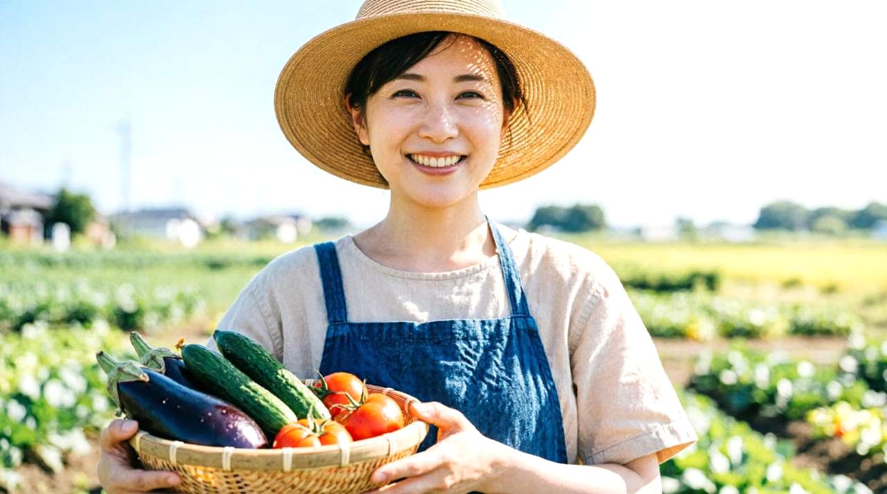 健康に育ったオクラを収穫し笑顔を見せる農家のアイキャッチ画像