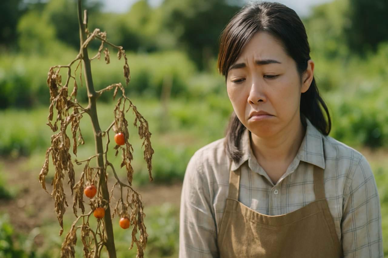 オクラの根とプランター内の土壌断面。連作による養分枯渇と病原菌増殖のメカニズムを表現