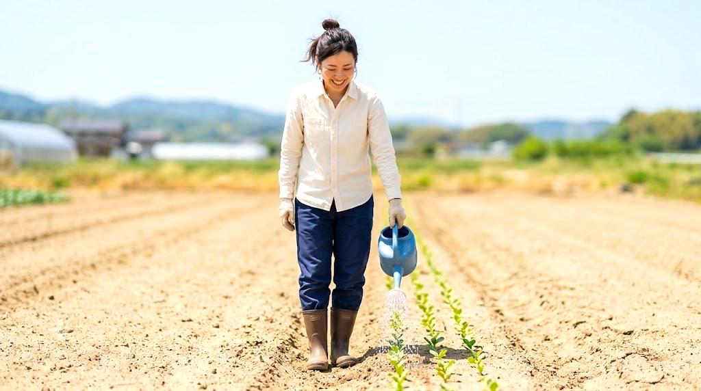 ジョウロで優しく表面に水を与え、適度な湿り気を保つ水菜の苗床。