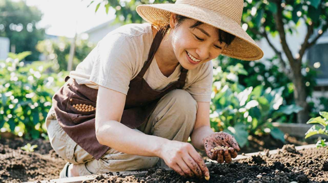健康に育ったメロンが実をつけ、周囲にコンパニオンプランツが咲く豊かな菜園