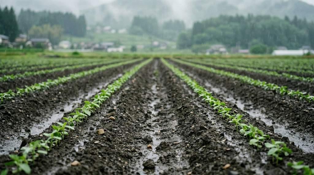 スコップで畝に穴を掘り、チンゲンサイの苗を根鉢ごと優しく植え付けている手元