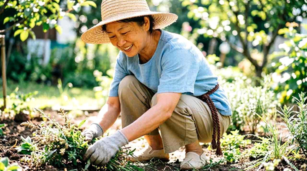 ハサミで間引きを行う様子