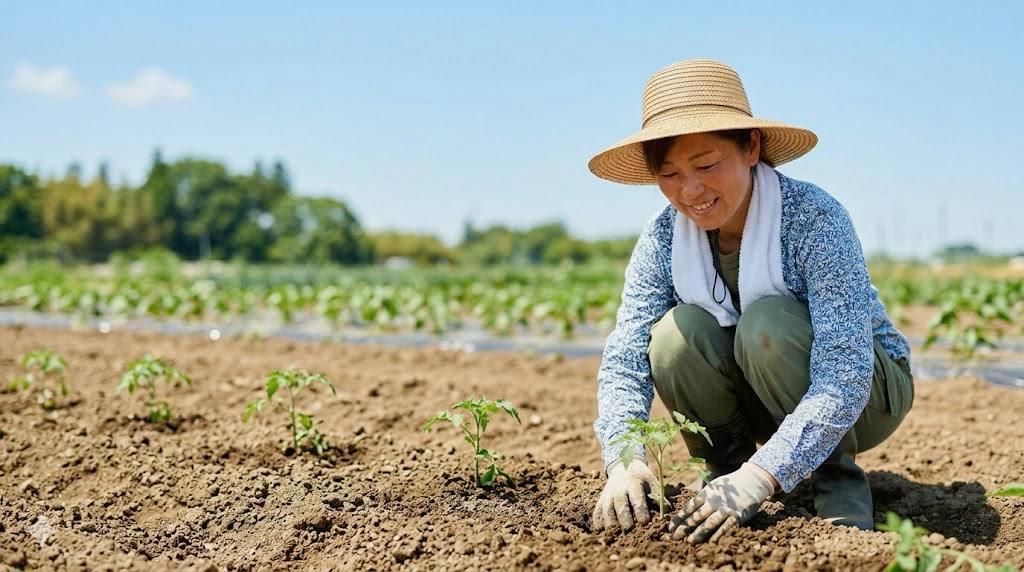 条間に沿って丁寧に根菜の種をまいていく手元