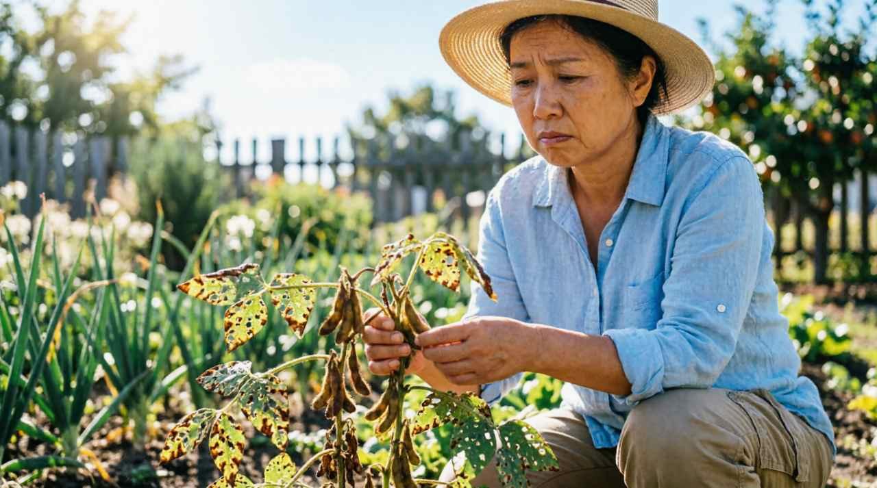 葉裏を確認してカボチャの害虫を早期に見つける作業風景