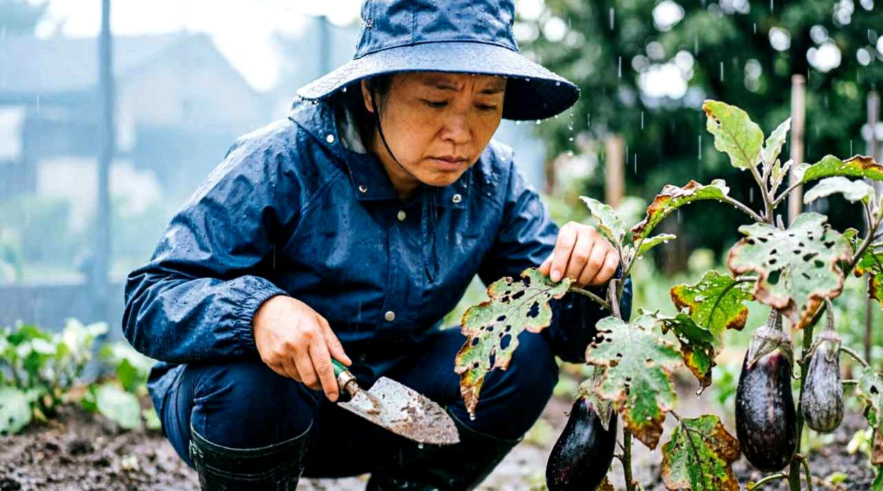 雨上がりの畑で育つ無農薬キャベツと泥はねした土の様子