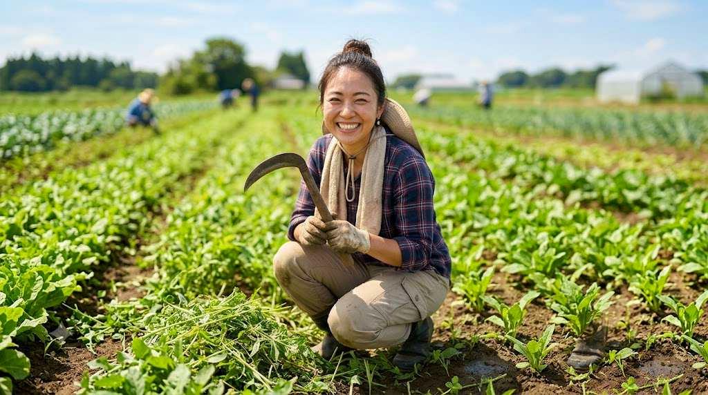新たに生えたヤブガラシの若い葉に、スポット的に除草剤を塗布している精密作業の様子