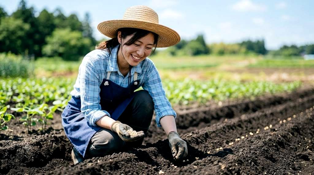 輪作によって土壌が回復し緑肥と伴生栽培で健康に生育するインゲン畑