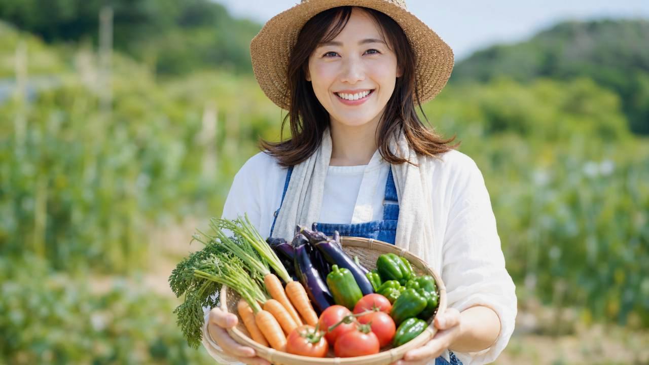 日当たりの悪いベランダでたくさんのミニトマトを実らせたプランターと、収穫した果実をかごに盛った満足げなイメージ写真