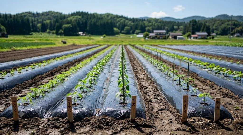 夏の強い日差しの中でキャベツを守るために対策している畑の様子