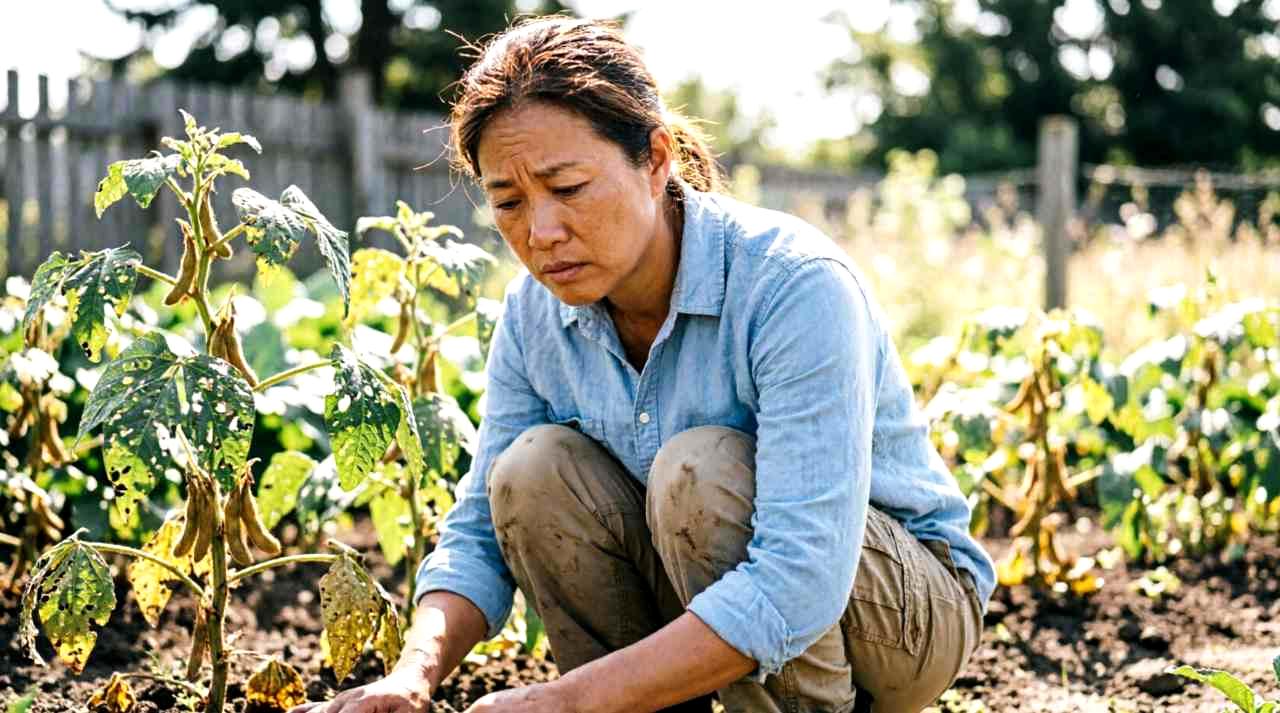 生育不良のジャガイモと改善方法を考える畑