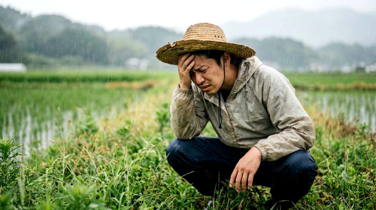 雨滴が跳ねて土が葉に付着するズッキーニの株元のクローズアップ
