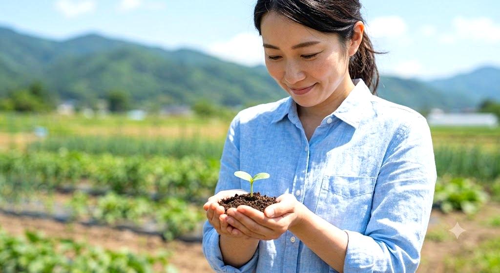 大きく育ったえんどう豆の苗を確認している家庭菜園の様子