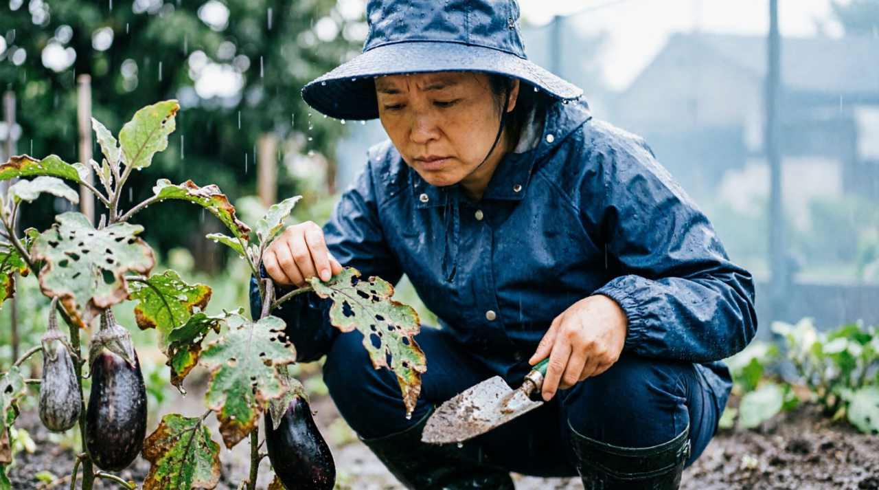 霜が降りた埼玉県の家庭菜園で、枯れ葉の下に潜む害虫の姿