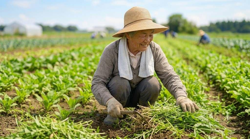 雑草のない美しい家庭菜園と、満足そうに立つガーデナーの後ろ姿