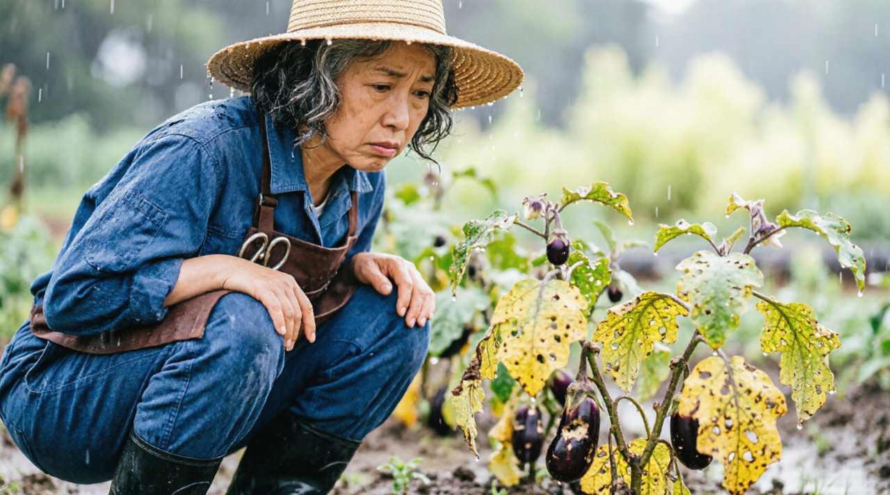 白菜の葉を一枚ずつ観察して虫食いを確認する手元の様子