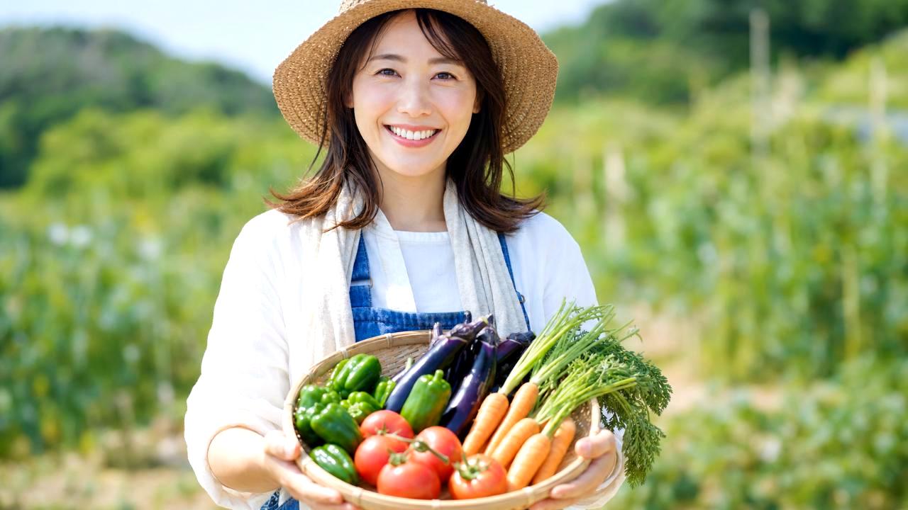肉厚で鮮やかな緑のつるなしインゲンを手摘みしている収穫シーン