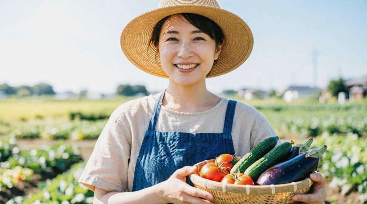 収穫したソラマメの種を手に持ち、来季の豊作をイメージした笑顔のガーデナー