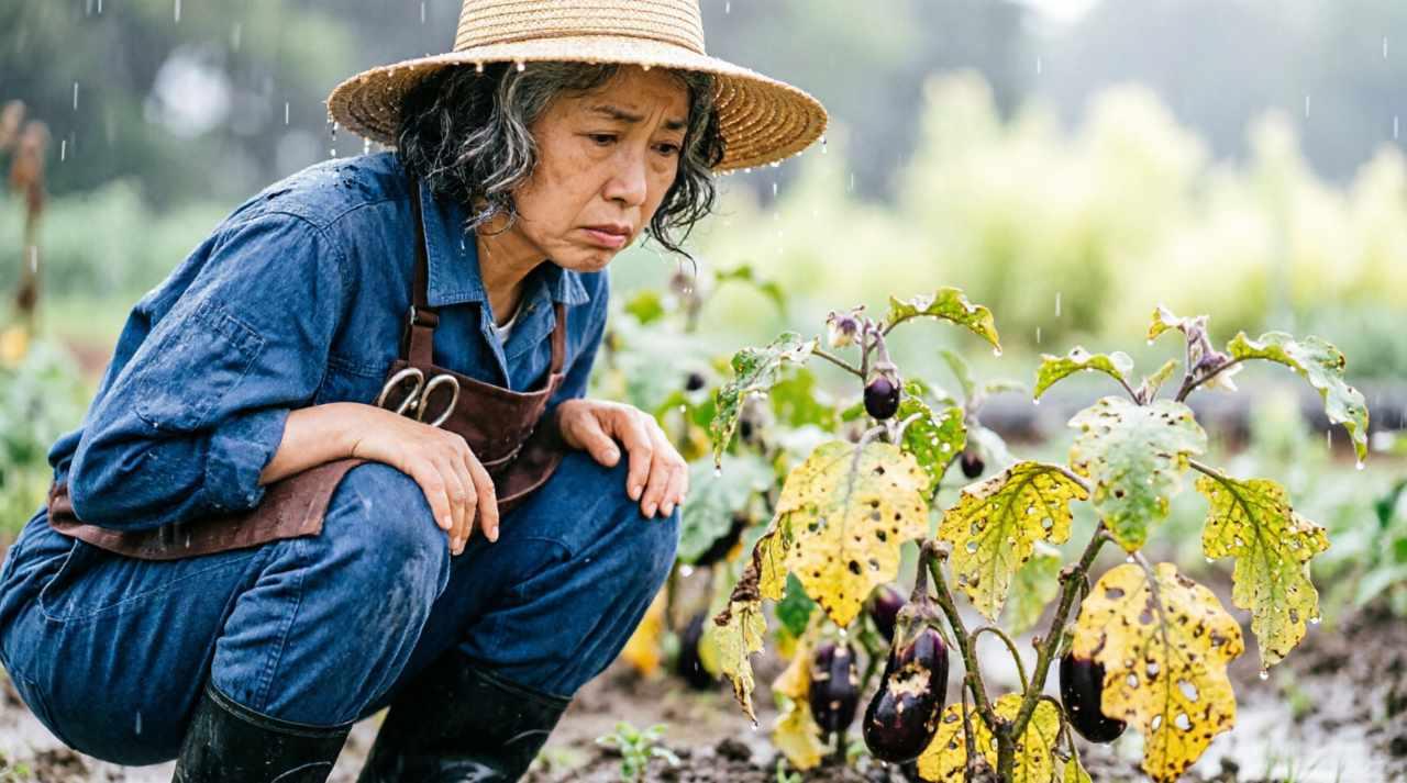 夏のヘチマに発生しやすい害虫や病気を確認する管理風景