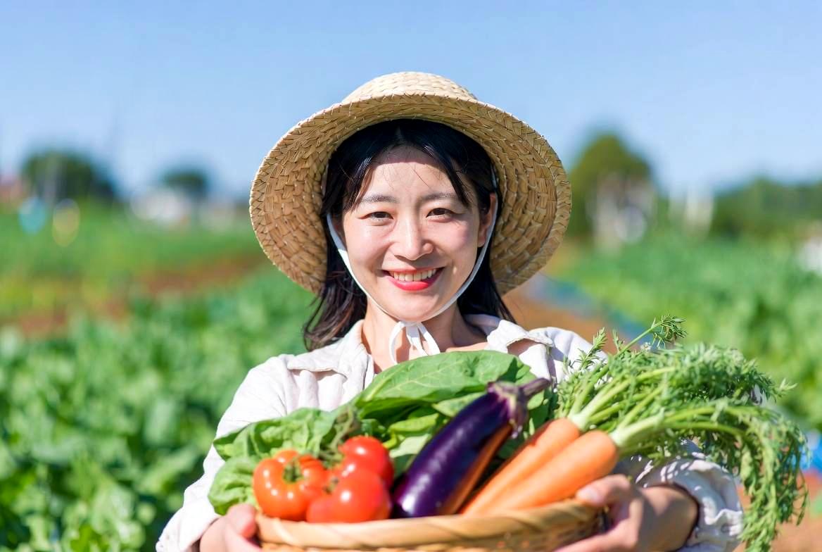 晴れた畑で実った枝豆を手に持つ農家のほほえましい後ろ姿