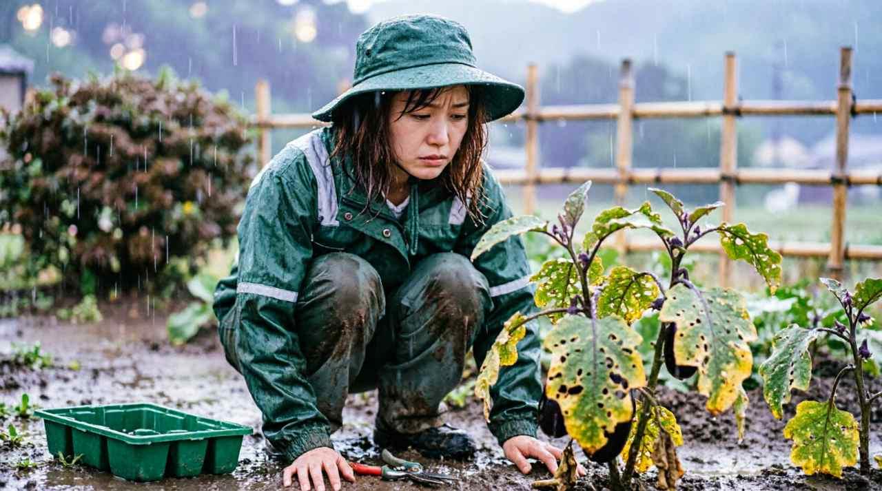 ナメクジ忌避剤とマルチングされた畝の防虫対策風景