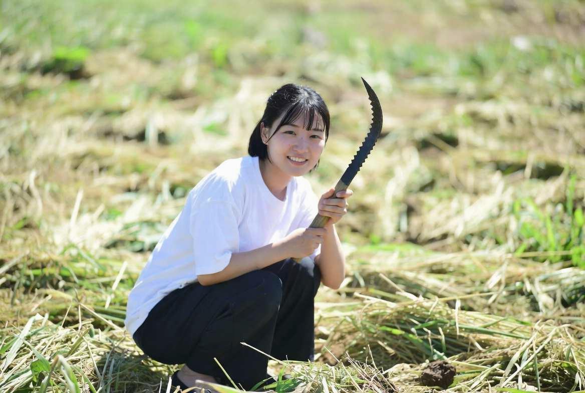 家庭菜園の畑で雑草の伸び具合を見ながら草刈り頻度を考える様子