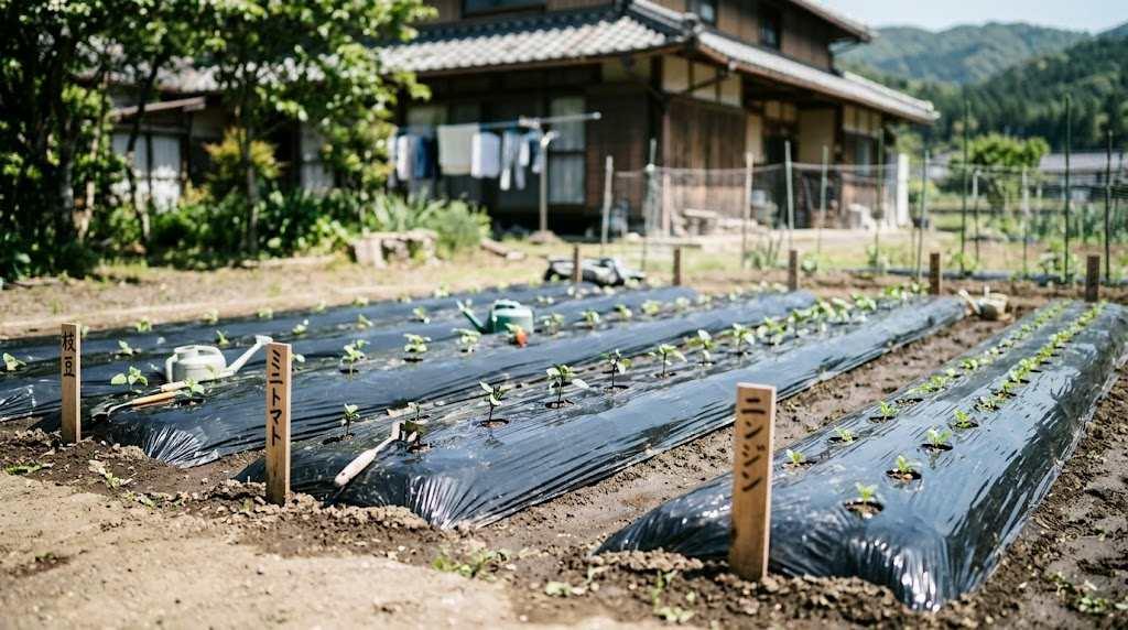 黒マルチが張られた畑で育つトウモロコシの若苗